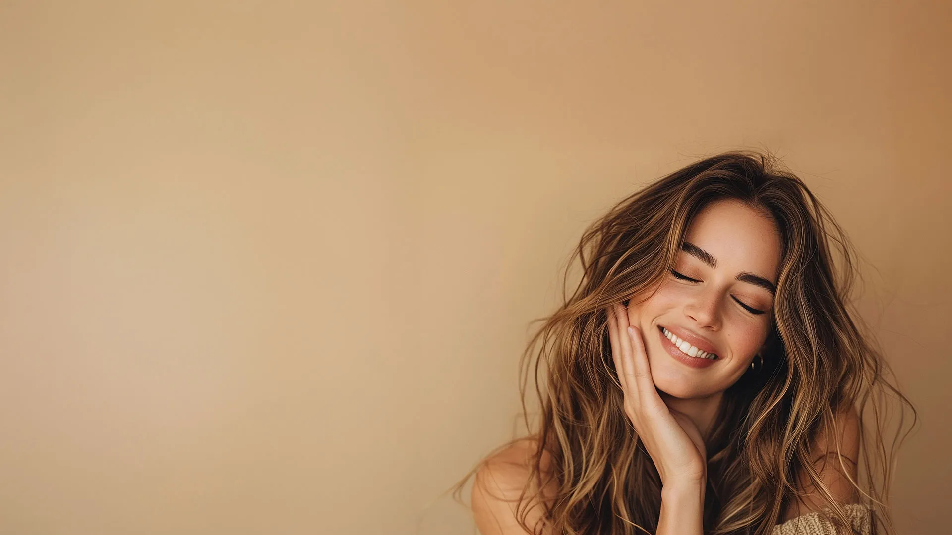 Smiling woman with long wavy hair gently touching her face against a beige background