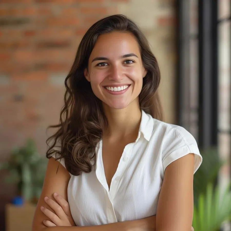Smiling young woman with long brown hair wearing a white shirt standing with crossed arms in a cozy indoor setting