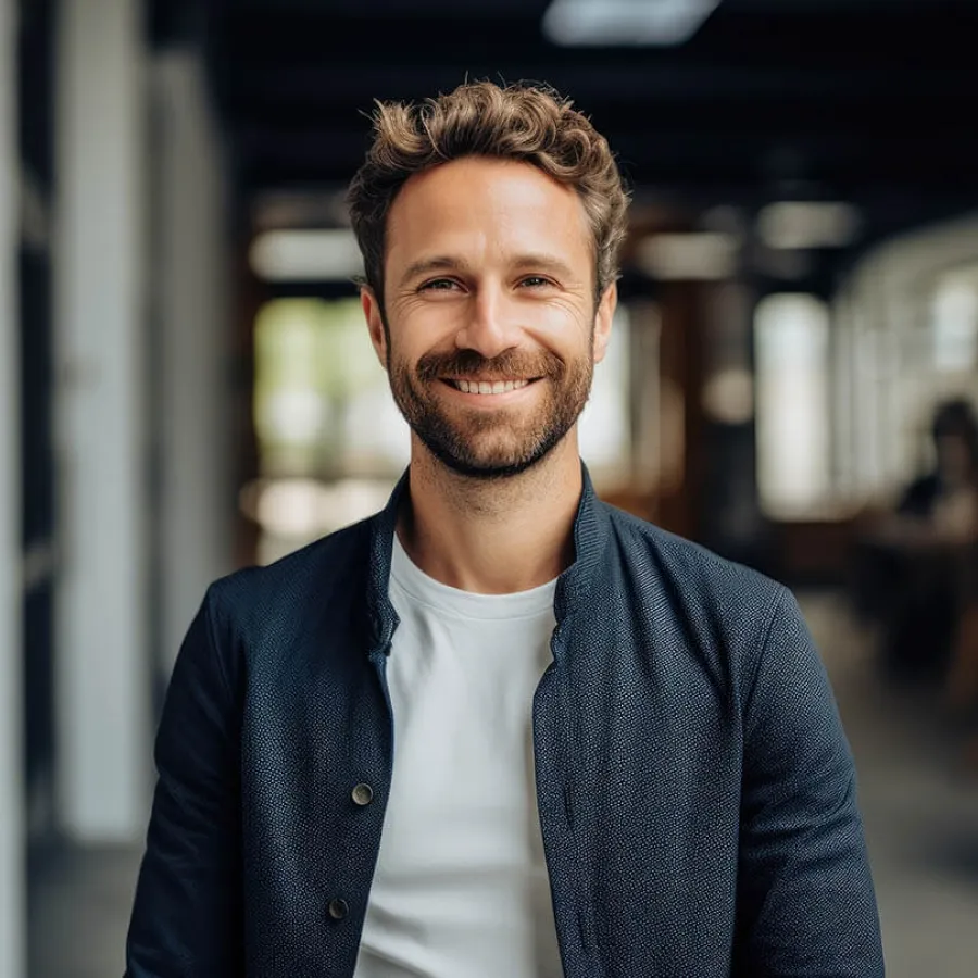 Smiling young man with curly hair and beard wearing a white shirt and navy jacket in a modern office.
