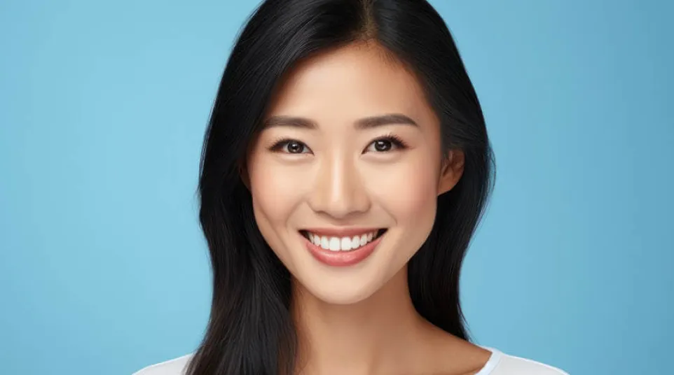 Smiling young Asian woman with long black hair wearing a white top against a light blue background