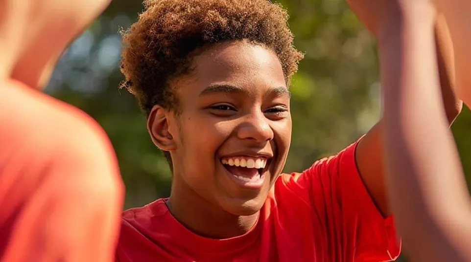 a boy with his hands up